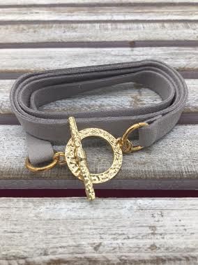 Gray Leather Wrap Bracelet with Gold Closure
