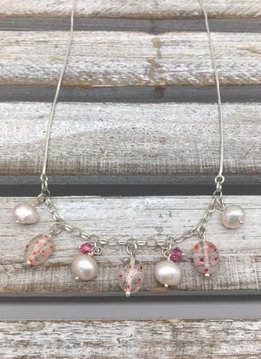 Sterling Silver Necklace with Pearls and Pink Murano Glass