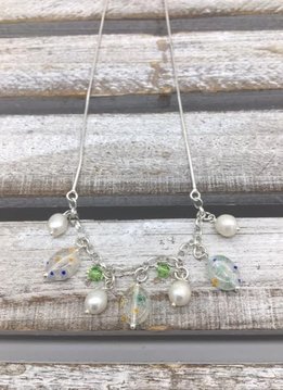 Sterling Silver Necklace with Pearls and Green Murano Glass