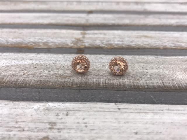 Sterling Silver Rose Gold Round Halo Morganite Stud Earrings