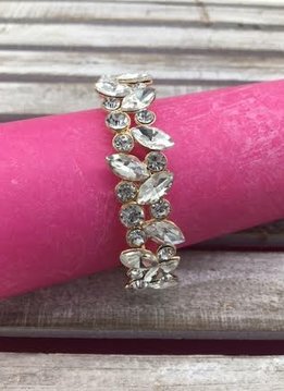Marquise and Round Clear Crystals on Gold Stretch Bracelet