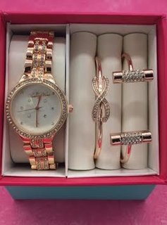 Crystal Bezel Accent Rose Gold Watch and Bracelet Set