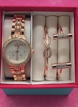 Crystal Bezel Accent Rose Gold Watch and Bracelet Set