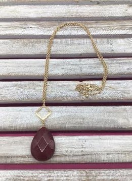 Long Gold Necklace with Red Semi-Precious Stone Pendant