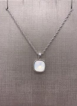 Forever Crystals Silver Bezeled Cushion Cut White Opal Pendant