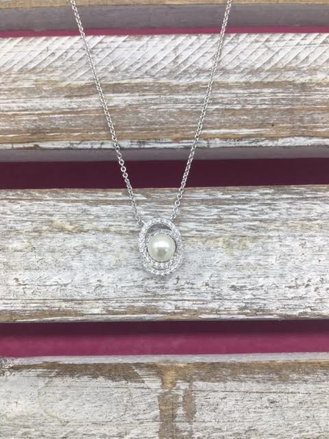 Silver Necklace with Cubic Zirconia Circles and Pearl Pendant