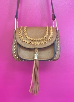 Brown Tassel Studded Leather Crossbody Purse