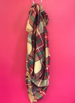 Beige and Mutli-Colored Plaid Triangle Scarf