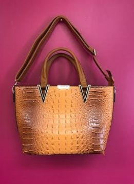 Brown Crocodile Print Leather Handbag