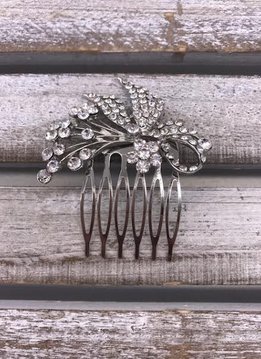 Clear Rhinestone Small Flower and Sprigs Silver Hair Comb