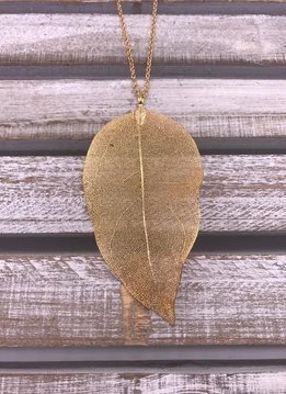 Simple Long Gold Necklace with Gold Leaf Pendant