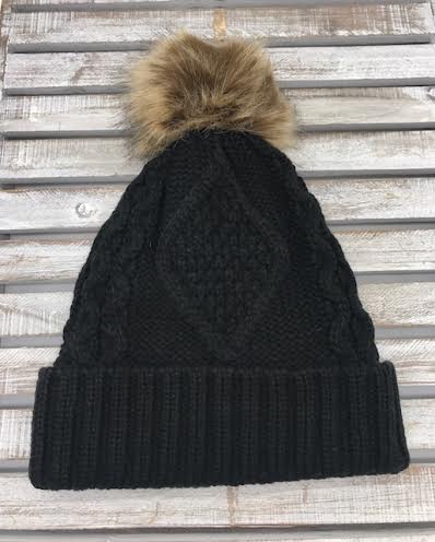 Black Knit Hat with Brown Fur Pom Pom