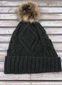Dark Gray Knit Hat with Brown Fur Pom Pom