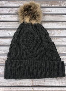 Dark Gray Knit Hat with Brown Fur Pom Pom