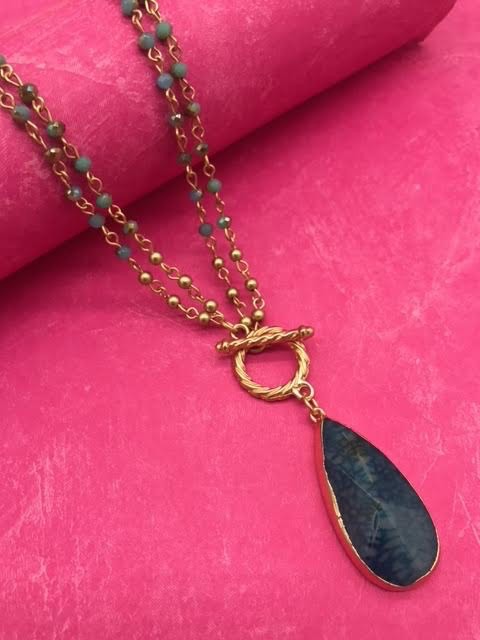 Gold Beaded Necklace with Blue Stone Pendant