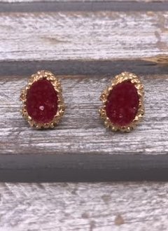 Gold and Red Druzy Stud Earrings