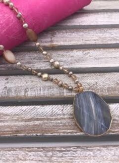 Pink Shell Necklace with a Big Grey Stone Pendant