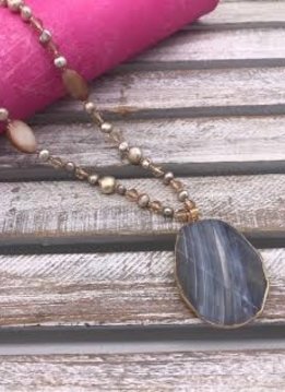 Pink Shell Necklace with a Big Grey Stone Pendant