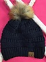 Navy Winter Hat with Natural Faux Pom
