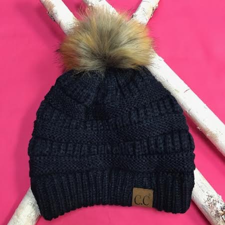 Navy Winter Hat with Natural Faux Pom