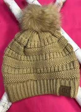 Camel Knit Winter Hat with Color Matched Pom