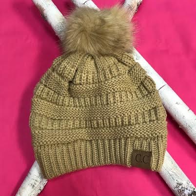 Camel Knit Winter Hat with Color Matched Pom