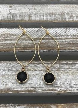 Gold Dangling Hoop Earring with a Black Stone