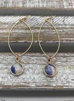 Gold Dangling Hoop Earring with a Navy Blue Stone