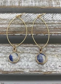 Gold Dangling Hoop Earring with a Navy Blue Stone