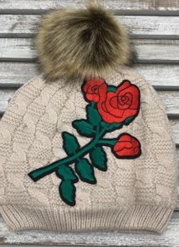 Beige Pom Hat with Red Flower Design