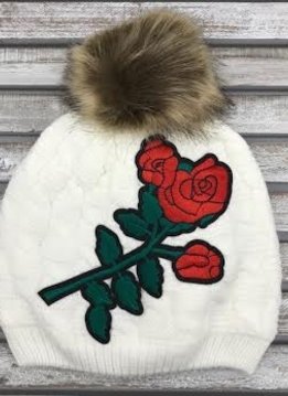 White Pom Hat with Red Flower Design