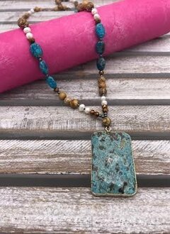 Large Jasper Pendant on a Blue and Brown Beaded Necklace