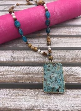 Large Jasper Pendant on a Blue and Brown Beaded Necklace
