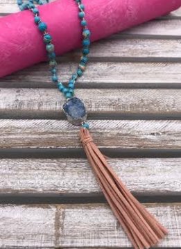 Turquoise Tassel Necklace with Blue Crystal Rock
