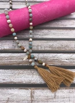 Amazonite and Pearl Tan Tassel Necklace