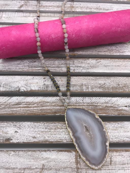 Clear Bead with Geode Pendant Gold Trim