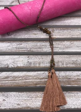 Brown Seed Bead Long Tassel Necklace
