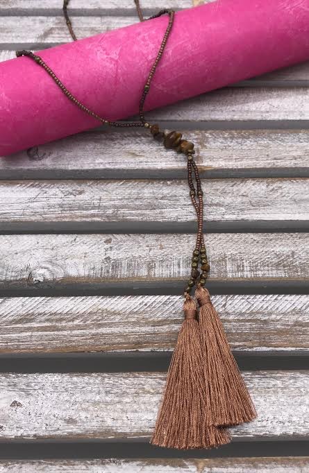 Brown Seed Bead Long Tassel Necklace