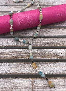 Amazonite with Pearls and Adjustable Leaf Neckace