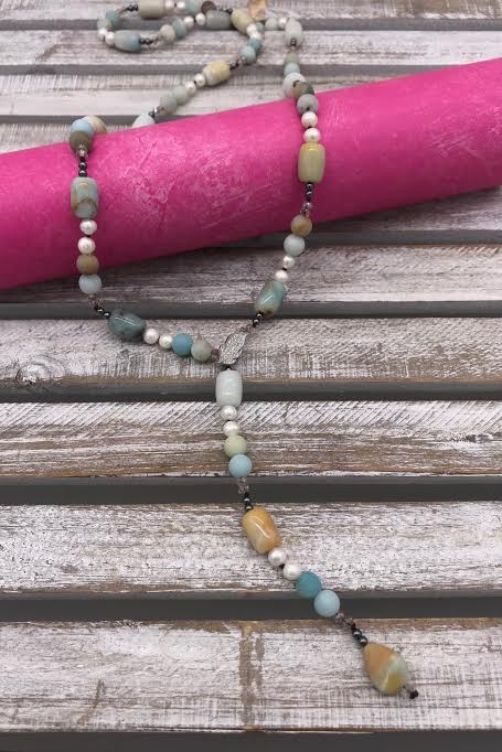 Amazonite with Pearls and Adjustable Leaf Neckace