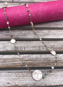 Sterling Silver Necklace with Amazonite Beads and Flattened Pearl