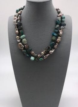 Gold Pearl Two Strand Turquoise Necklace
