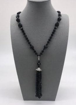 Black Crystal Necklace with Removable Tassel