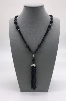 Black Crystal Necklace with Removable Tassel