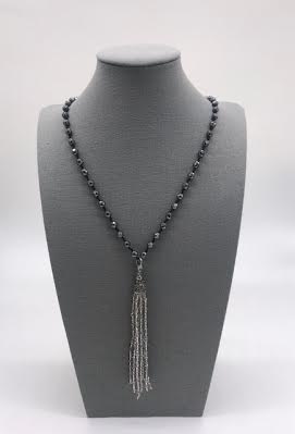 Gray Beaded Necklace with Tassel