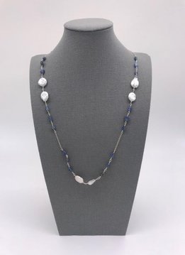 Blue Kyanite Long Necklace wth Flsttened Mother of Pearl