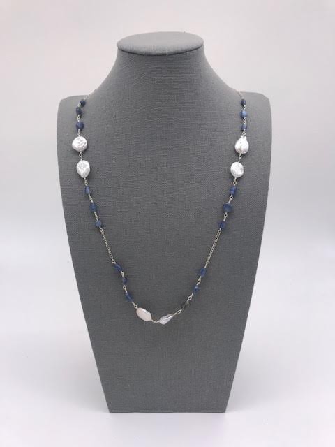 Blue Kyanite Long Necklace wth Flsttened Mother of Pearl