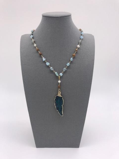 Amazonite Beads with Mother of Pearls Leaf Pendant