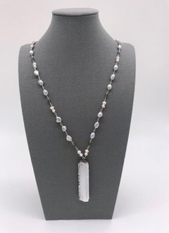 White and Gray Pearl Necklace with a Crystal Rock Pendant