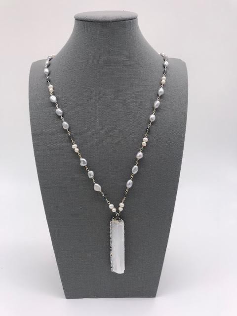 White and Gray Pearl Necklace with a Crystal Rock Pendant